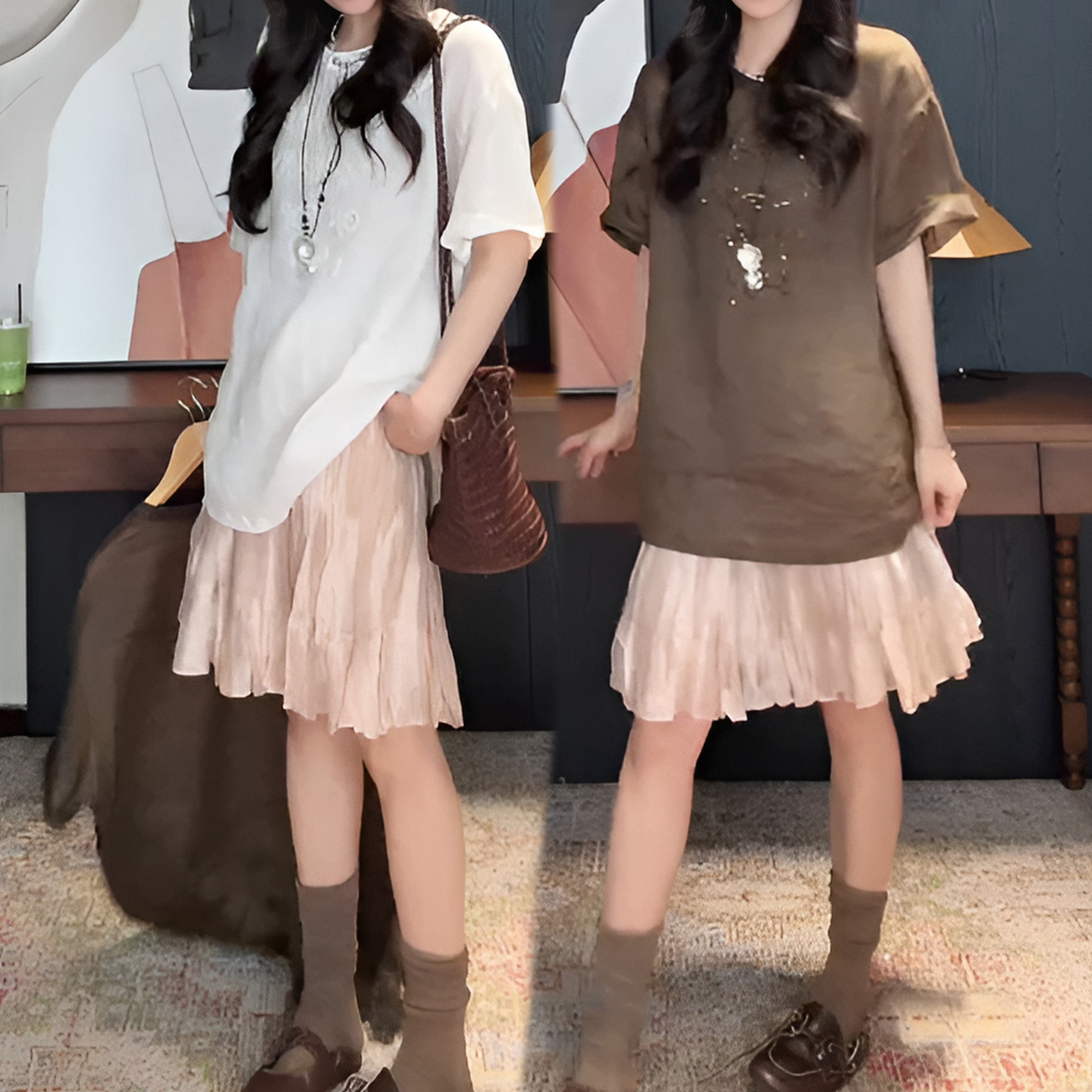 경관 그림 2026 여름 새로운 느슨함 센스 슬림해 보이는 프린트 반팔 티셔츠 여성 불규칙 플리츠 반신 치마 세트