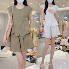 批发官图 法式复古风<b class='q'>衬衫</b>套装夏季新款拼接蕾丝<b class='q'>假两件</b>上衣短裤两件套