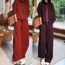 批发官图 连帽撞色拉链<b class='q'>外套</b>女宽松显瘦阔腿裤休闲高级感时尚两件套