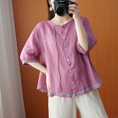 批发实拍文艺清新下摆刺绣a字高端棉麻衬衫蓬蓬娃娃衫宽松上衣
