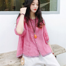 批发文艺复古简约刺绣亚麻短袖衬衫宽松显瘦圆领开衫上衣T恤