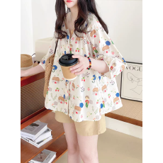 批发新款宽松法式甜美V领灯笼袖棉质<b class='q'>童</b>趣碎花<b class='q'>衬衣</b>娃娃衫上衣