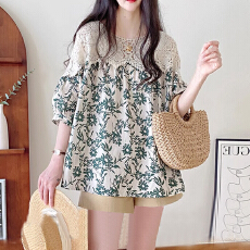 批发<b class='q'>韩版</b>甜辣一字肩蕾丝拼接碎花短袖衬衫娃娃衫上衣