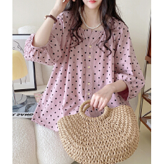 批发<b class='q'>韩版</b>v领灯笼袖a字甜美波点<b class='q'>娃娃衫</b>粉色衬衫上衣