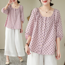 批发实拍1715#<b class='q'>韩版</b>v领灯笼袖a字甜美波点<b class='q'>娃娃衫</b>粉色衬衫上衣