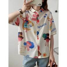 批发<b class='q'>韩版</b>纯棉印花短袖衬衫宽松休闲<b class='q'>娃娃衫</b>上衣