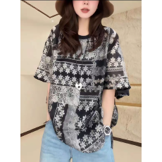 批发2559#大码<b class='q'>女</b>装极简风印花短袖<b class='q'>雪纺衫</b>T<b class='q'>恤</b>宽松高级感大版上衣