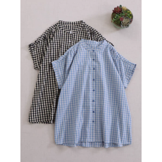 批发文艺森女风纯棉格子短袖衬衫韩版<b class='q'>通勤</b>宽松显瘦百搭圆领上衣