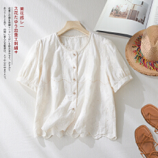 批发实拍8005#韩版新款宽松法式甜美圆领刺绣棉质短袖衬衫娃娃衫上衣