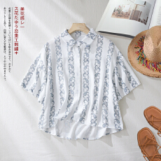 批发实拍8006#韩版<b class='q'>通勤</b>宽松小清新薄款蝙蝠袖条纹棉麻短袖衬衫上衣
