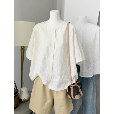 批发夏季<b class='q'>通勤</b>韩版宽松圆领蕾丝边刺绣棉质短袖衬衫娃娃衫上衣