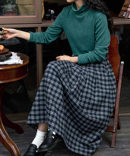 가을 겨울 한국 스타일 순면 연삭 털 체크무늬 반신 스커트 일본식 레트로 캐주얼 허리밴드 중간 길이 치마