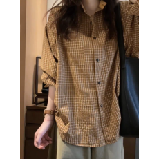 批发韩系宽松慵懒风长袖格子衬衫棉质百搭休闲外套上衣