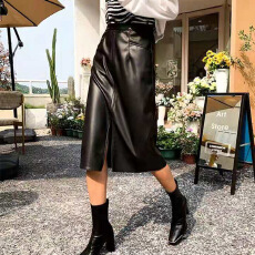 批发秋冬新款高级感半身裙女新款过膝开叉名媛气质包臀裙皮裙