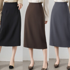 批发灰色半身裙女职业面试穿搭小个子显高显瘦中长款后开叉a字包臀裙