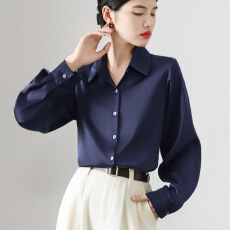 批发藏蓝色缎面<b class='q'>衬衫</b>女蓝色职业<b class='q'>衬衣</b>深蓝气质通勤<b class='q'>ol</b>长袖上衣