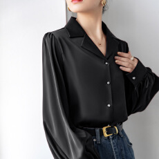 批发黑色缎面衬衫女2025秋新款宽松洋气上衣西装领设计感小众<b class='q'>长袖</b>衬衣