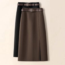 批发咖色复古毛呢a字半身裙女秋<b class='q'>冬</b>2025新款爆款西装中长裙开叉包臀裙