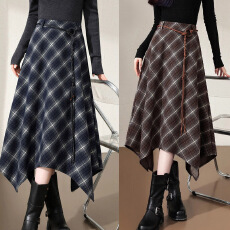 批发毛呢半身裙女秋<b class='q'>冬</b>新款高腰垂感时尚复古中长款A字不规则格子伞裙