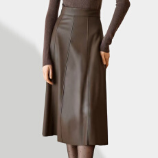 批发咖啡色黑色<b class='q'>复古</b>皮裙半身裙女高腰2025冬季新款小个子气质中长伞裙
