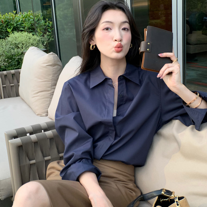 진한 파란색 한 부서 저항 주름 슬림해 보이는 탑 옷깃 다용도 셔츠 사계절 웨어러블 루즈핏 스트레이트 프로필 모양 여성 셔츠