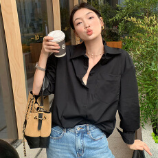 批发黑色早春棉衬衫<b class='q'>外套</b>女~新款长袖百搭上衣通勤百搭长袖衬衫女
