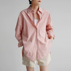 批发率性简约通勤气质淡淡粉衬衫女设计感男友风慵懒宽松小众<b class='q'>上衣</b>