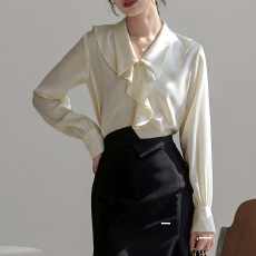 批发法式复古轻奢气质荷叶领缎面<b class='q'>衬衫</b>女设计感小众早春甜美别致上衣女