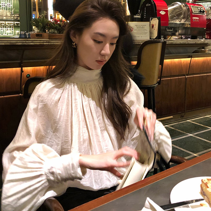 화이트 브라운 프랑스식 스탠드 칼라 궁정 바람 여성 셔츠 봄 새로운 도루 Pleat 디자인 센스 벌룬 소매 긴팔 맨위