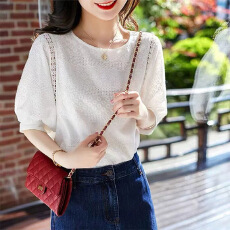 批发纯色短袖上衣女夏季超仙镂空<b class='q'>泡泡袖</b>蕾丝衫宽松气质简约洋气小衫薄