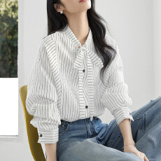 批发飘带<b class='q'>条纹</b><b class='q'>衬衫</b>女2026秋新款肌理感气质优雅内搭法式极简长袖<b class='q'>衬衣</b>
