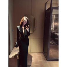 批发性感V领黑色长袖连衣裙女秋季御姐风纯欲收腰气质礼服包臀<b class='q'>长裙</b>子