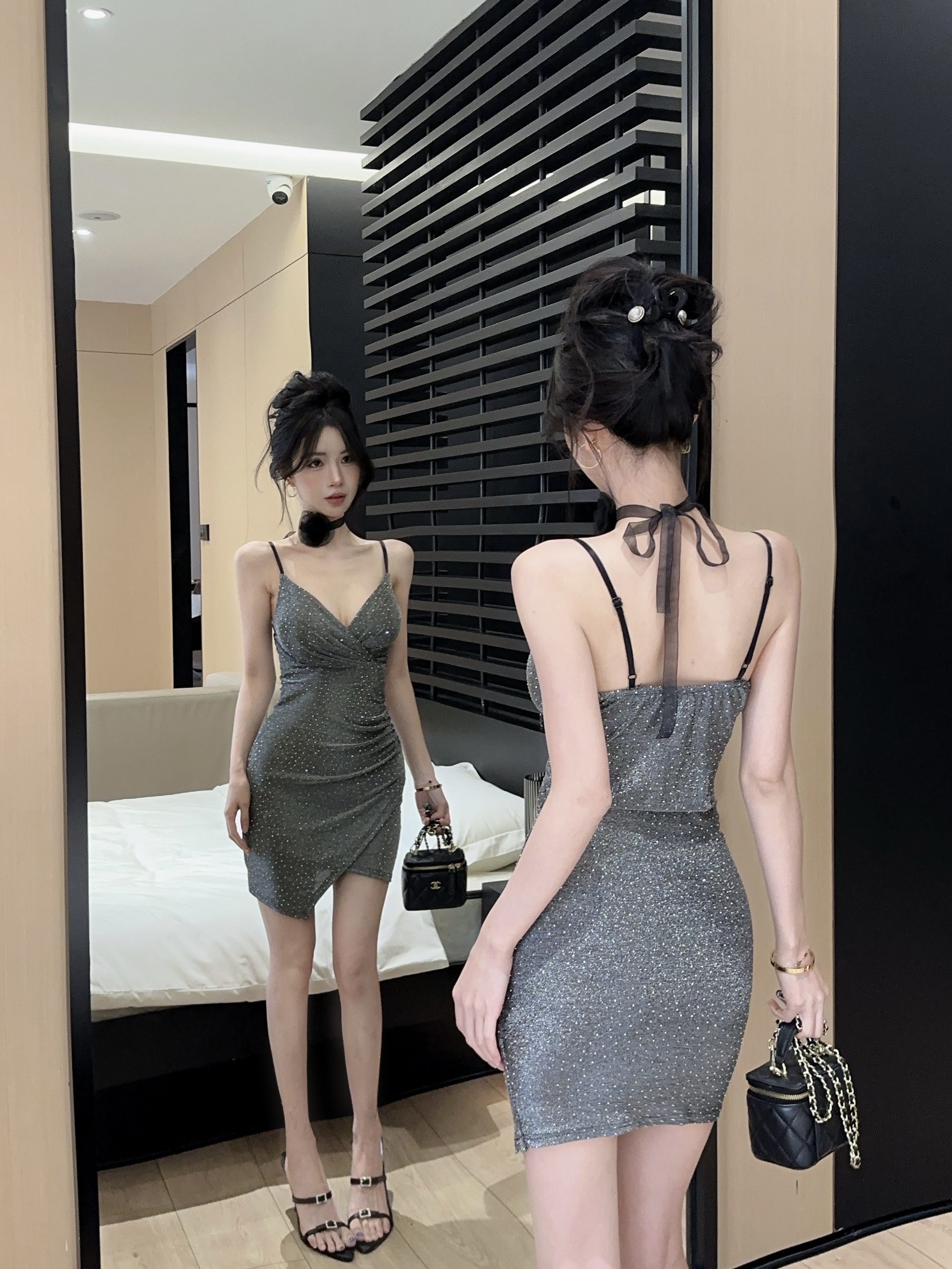 실사 V넥 섹시함 슬립 여성 드레스 슬림해 보이는 타이트 스커트 불규칙 미니 스커트 순수한 욕망 핫걸 기본 스커트 경기 꽃