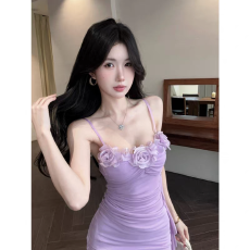 批发实拍紫色花朵网纱吊带<b class='q'>连衣裙</b>女夏季纯欲性感包臀裙绝美漂亮<b class='q'>抹胸</b>