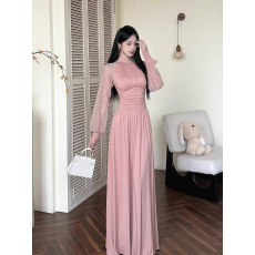 批发春夏新款法式气质长裙半高领褶皱长袖网纱<b class='q'>连衣裙</b>收腰修身裙子女