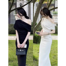 批发钱安安大露肩<b class='q'>性感</b>收腰气质褶皱<b class='q'>连衣裙</b>法式小礼服连身裙子女夏