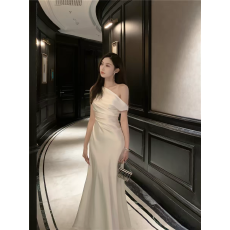 批发钱安安法式露肩性感气质成人礼小礼服收腰鱼尾连衣裙裙子长裙女装