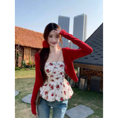 批发碎花抹胸背心上衣女2026春<b class='q'>夏</b>新款红色开衫外套防晒长袖修身两件套