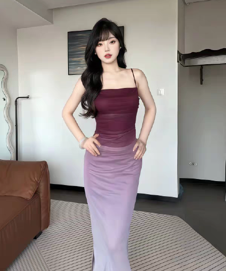 보라색 그라데이션 망사 슬립 여성 드레스 고급 섹시함 몸매 가꾸기 타이트 스커트 예복 롱 스커트