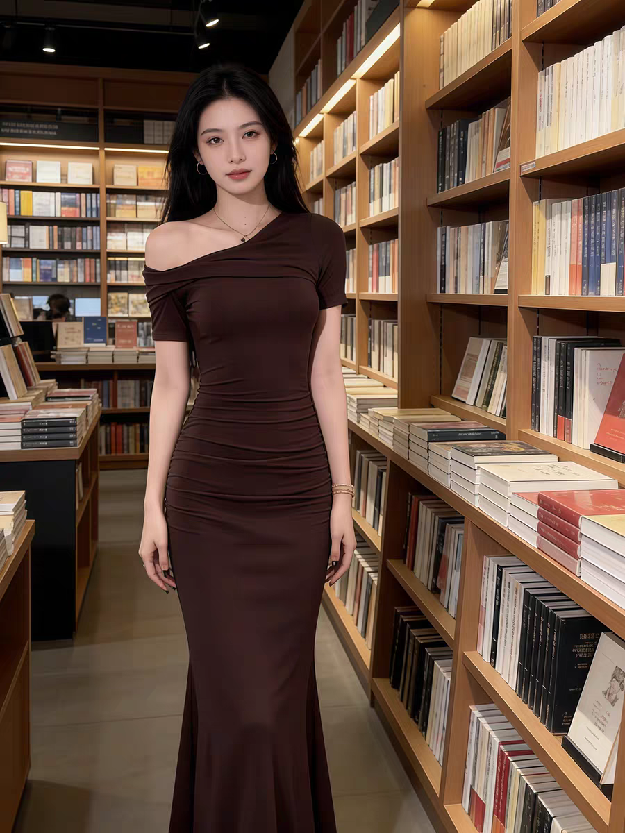 면 높은 품질 오프숄더 디자인 순수한 봄 여름 오프숄더 민소매 비스듬한 어깨 여성 드레스 여름 이슬 쇄골 롱 스커트