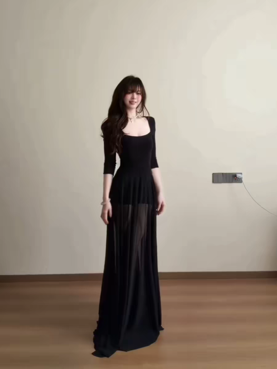 그는 벤 바람 검정색 품격 광장 칼라 여성 드레스 여름 망사 패치워크 허리 수축 길다 치마 레깅스