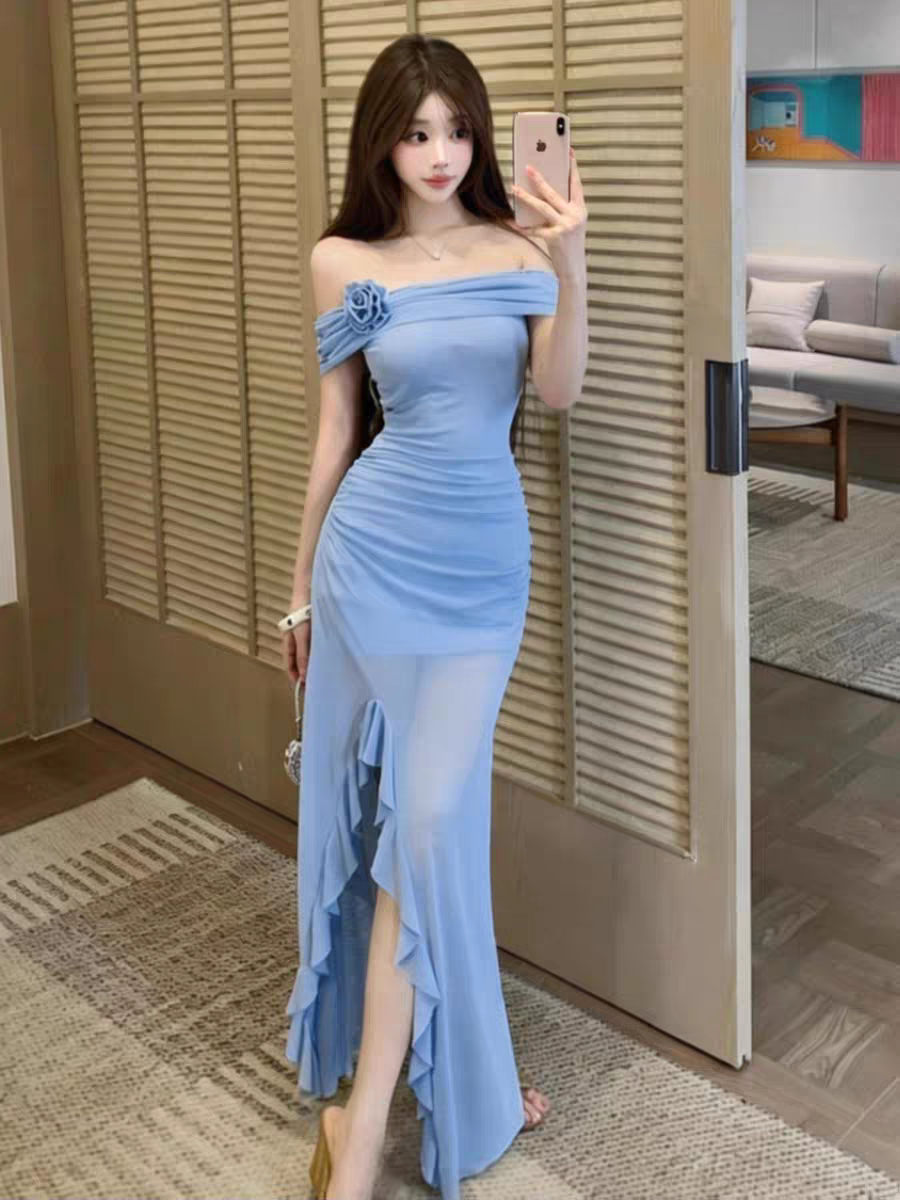 실사 프랑스식 오프숄더 망사 여성 드레스 여름 섹시함 오프숄더
