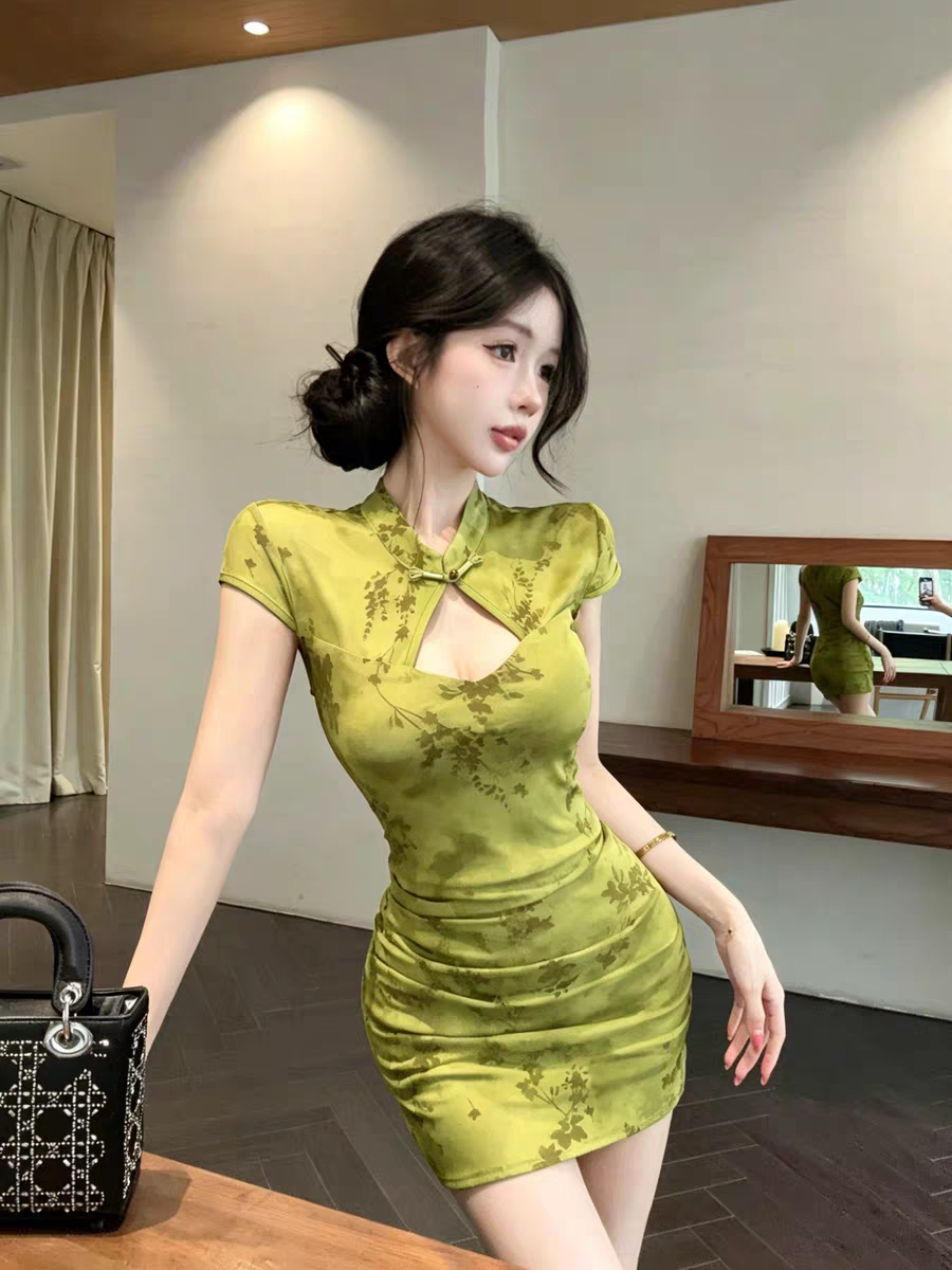 실사 녹색 디자인 센스 섹시함 바람 새로운 중식 개선 치파오 드레스