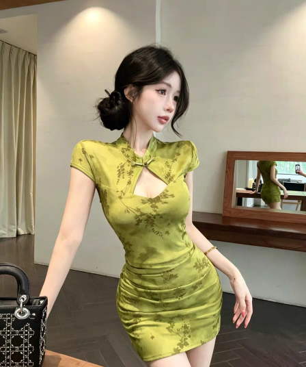 실사 녹색 디자인 센스 섹시함 바람 새로운 중식 개선 치파오 드레스