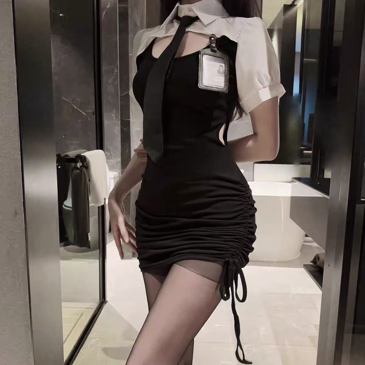 실사 학원 스타일 페이크 레이어드 반팔 드레스 여자 학생 유니폼 넥타이 치마 핫걸 순수한 욕망 타이트 스커트