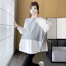 批发实拍~2025新款孕妇秋春季假两件拼接衬衫时尚潮妈<b class='q'>休闲</b>T恤