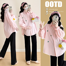 批发实拍~2025品质孕妇装秋季新款长袖中长款衬衫娃娃衫时尚潮妈