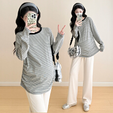 批发实拍~2026孕妇装春装<b class='q'>休闲</b>百搭高弹针织打底衫内搭条纹T恤外出潮妈