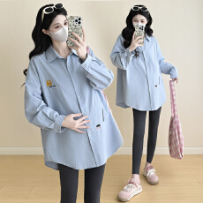 批发实拍~2026孕妇装春秋新款韩版棉中长款大码休闲衬衫时尚外出潮妈