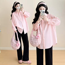 批发实拍~2026孕妇装春秋季新款韩版棉中长款大码休闲衬衫时尚潮妈